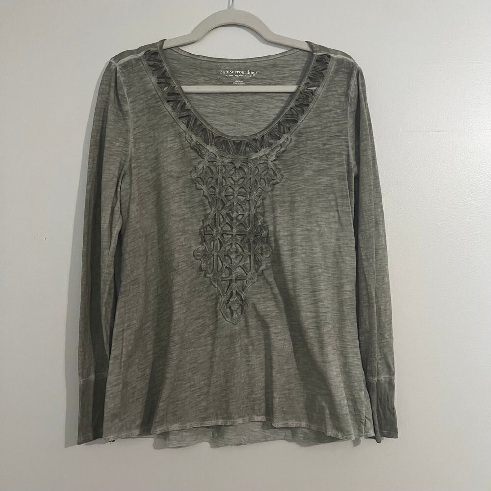 Soft Surroundings Burnout Crochet Front Detail Long Sleeve Scoop Neck Top Sz Med